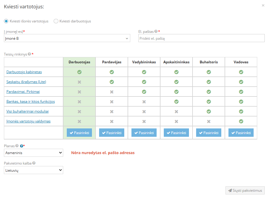 Įmonės pasirinkimas pakvietimui